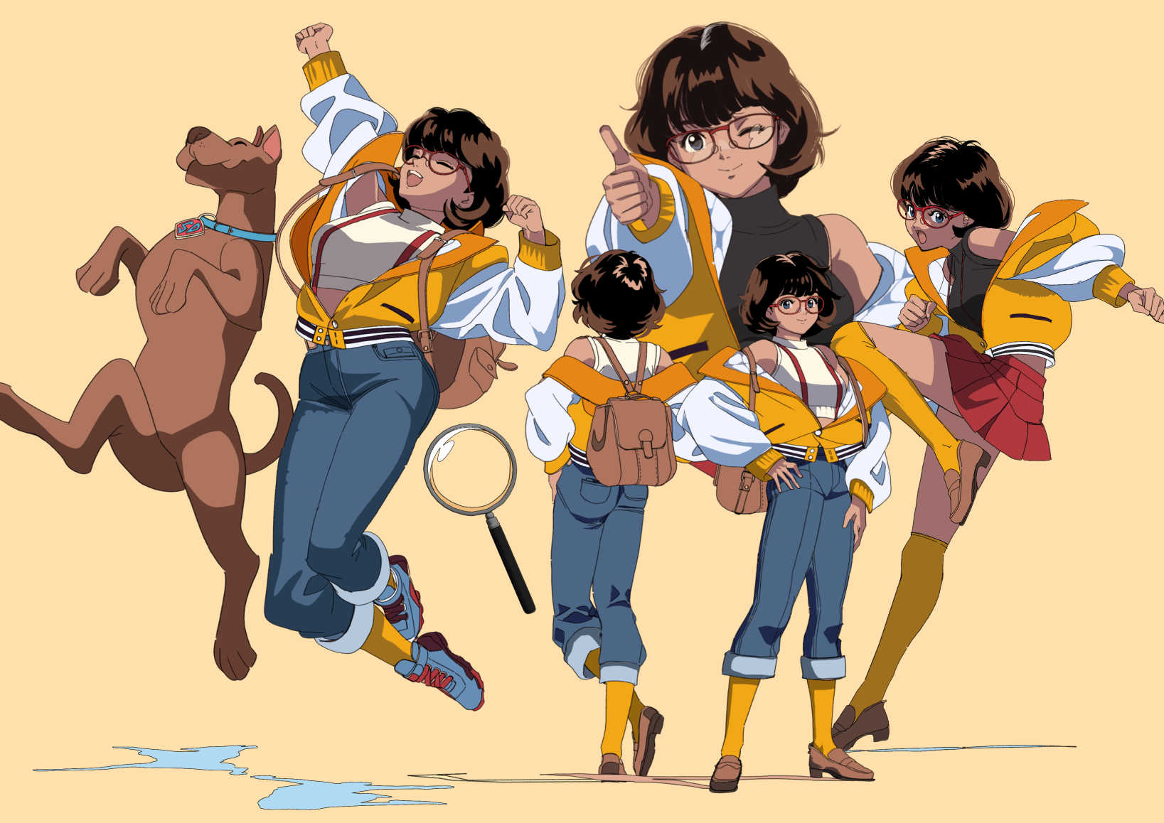 1girl animal_collar animification arm_up backpack bag baseball_cap breasts brown_hair collar dark-skinned_female dark_skin denim dog edoya_inuhachi english_commentary full_body glasses great_dane halterneck hand_on_own_hip hat highres jacket jeans jumping knee_up magnifying_glass midriff multiple_views off_shoulder one_eye_closed orange_thighhighs pants partially_unzipped scooby-doo scooby-doo_(character) shirt shoes short_hair simple_background skirt sleeveless sleeveless_shirt smile sneakers suspenders thigh-highs thumbs_up velma_dace_dinkley