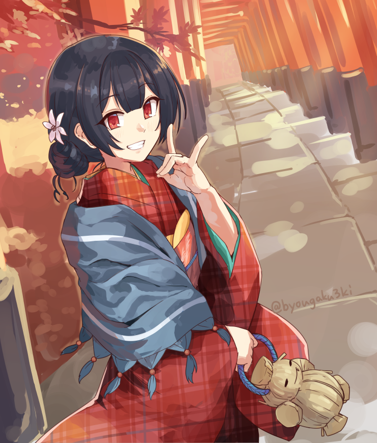1girl autumn_leaves black_hair blush byougaku doll flower fox_shadow_puppet grey_scarf grin hair_between_eyes hair_bun hair_flower hair_ornament hand_up holding holding_doll idolmaster idolmaster_shiny_colors japanese_clothes kimono leaf long_sleeves looking_at_viewer maple_leaf morino_rinze multiple_torii obi obiage obijime pavement pink_flower plaid_kimono red_eyes red_kimono sash scarf short_hair smile solo straw_doll torii twitter_username wide_sleeves