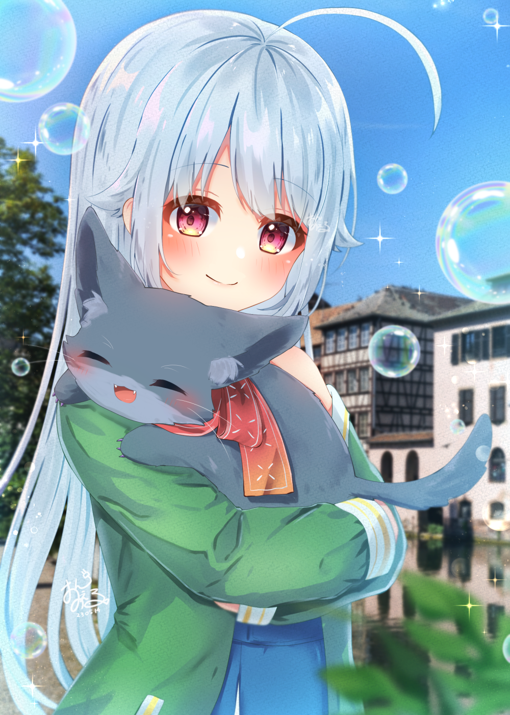 1girl ahoge animal blurry blurry_foreground blush bubble cat coat dated day green_coat grey_hair highres holding holding_animal holding_cat long_hair long_sleeves michiru_donut original outdoors red_eyes smile solo