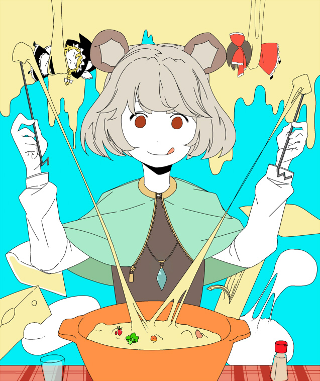 3girls animal_ears apron black_headwear black_skirt blonde_hair blue_background blue_capelet bow bowl braid brown_eyes capelet cauliflower cheese cup dot_nose dowsing_rod food frilled_skirt frills green_hair grey_shirt hakurei_reimu hat holding jewelry kirisame_marisa licking_lips long_sleeves mouse_ears multiple_girls nazrin necklace peptide philly_cheesesteak red_bow red_skirt salt_shaker sausage shirt skirt tablecloth tomato tongue tongue_out touhou waist_apron white_shirt witch_hat