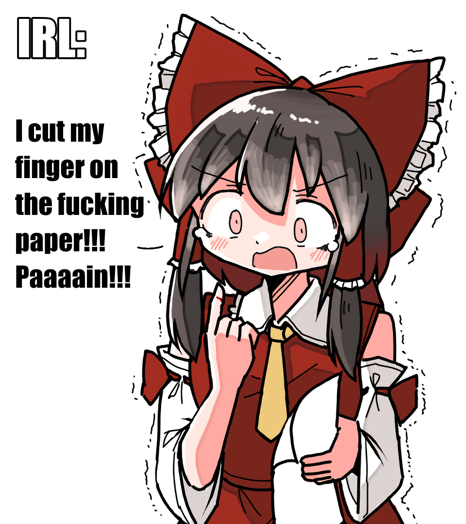1girl ascot black_hair blood blood_on_hands blush bow collared_shirt commentary constricted_pupils cut_finger detached_sleeves english_text frilled_shirt_collar frills hair_between_eyes hair_bow hair_tubes hakurei_reimu hands_up holding holding_paper kasuya_baian long_hair long_sleeves motion_lines open_mouth paper pink_eyes profanity red_shirt red_skirt ribbon-trimmed_sleeves ribbon_trim shirt simple_background skirt skirt_set sleeveless sleeveless_shirt solo tears touhou trembling upper_body v-shaped_eyebrows white_background white_sleeves wide_sleeves yellow_ascot