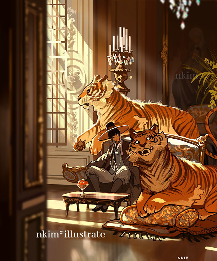 1boy animal artist_name black_coat black_hair chandelier closed_eyes coat couch cushion indoors korean_clothes light_rays nadia_kim on_couch open_mouth original oversized_animal plant short_hair smile table tiger window