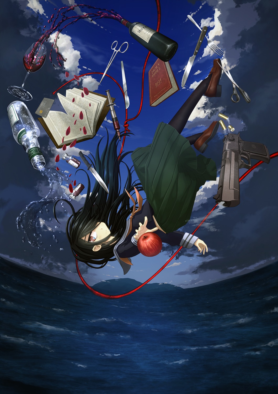1girl alcohol apple bible_(object) black_hair black_pantyhose black_shirt blue_sky book bottle bungee_cord closed_mouth clouds cloudy_sky combat_knife commentary_request cover credit_card cup dark_clouds day desert_eagle drinking_glass expressionless falling falling_petals fisheye floating_hair food fork from_side fruit green_skirt gun hair_over_one_eye handgun highres island izumozaki_neneko knife loafers looking_at_viewer looking_to_the_side midair neckerchief ocean official_art one_eye_covered onimushi_hyogo open_book orange_eyes orange_neckerchief outdoors pantyhose petals pleated_skirt reaching sailor_collar scalpel school_uniform serafuku shell_casing shironagasu-tou_e_no_kikan shirt shoes skirt sky smoke smoking_gun solo syringe textless_version vial video_game_cover weapon white_sailor_collar wine wine_bottle wine_glass