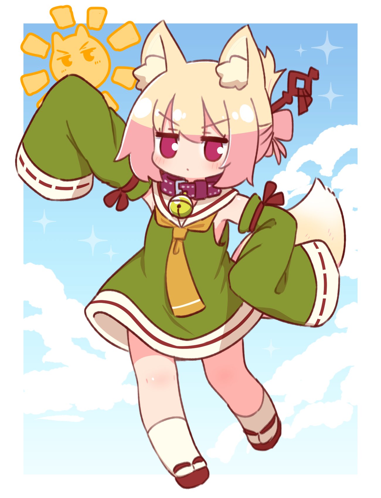 1girl animal_ears bare_shoulders bell blonde_hair blue_sky brown_collar closed_mouth clouds collar commentary_request day detached_sleeves dress fox_ears fox_girl fox_tail full_body green_dress green_sleeves hair_between_eyes hair_ornament hand_on_own_hip highres jingle_bell kemomimi-chan_(naga_u) long_sleeves looking_at_viewer naga_u neck_bell necktie orange_necktie original red_footwear ribbon-trimmed_sleeves ribbon_trim sky sleeveless sleeveless_dress sleeves_past_fingers sleeves_past_wrists socks solo sparkle standing sun_symbol tail v-shaped_eyebrows violet_eyes white_socks wide_sleeves zouri
