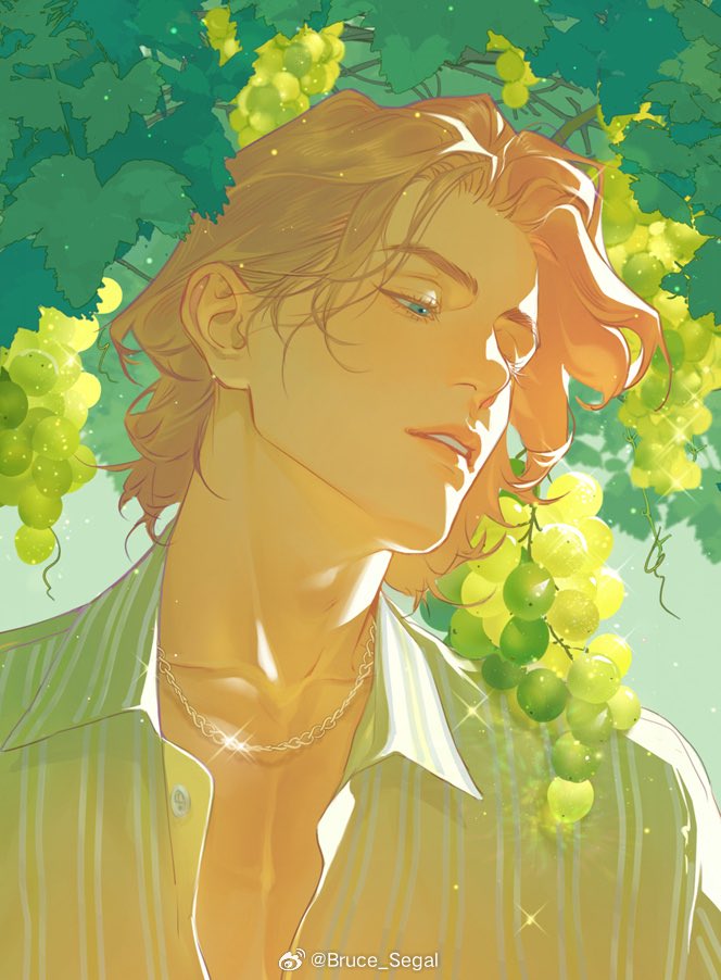 1boy anderain artist_name bishounen blonde_hair blue_eyes chain_necklace collarbone collared_shirt eyelashes food fruit grapes green_shirt head_tilt jewelry leaf looking_at_object male_focus medium_hair necklace open_clothes original outdoors parted_lips portrait shirt