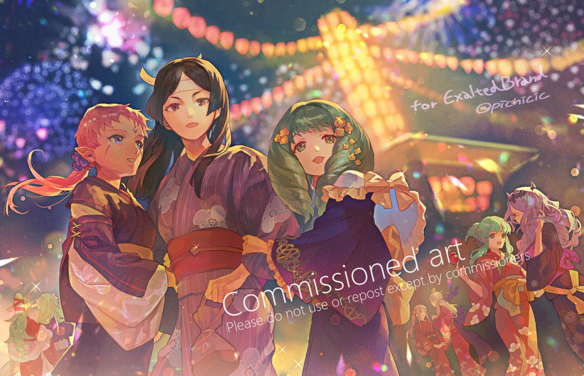 6+girls alternate_costume black_hair camilla_(fire_emblem) commission eyebrows_hidden_by_hair fire_emblem fire_emblem:_three_houses fire_emblem_awakening fire_emblem_fates fire_emblem_heroes flayn_(fire_emblem) green_eyes green_hair hair_ornament japanese_clothes multiple_girls picnicic pink_hair pointy_ears rhea_(fire_emblem) say'ri_(fire_emblem) skeb_commission swept_bangs
