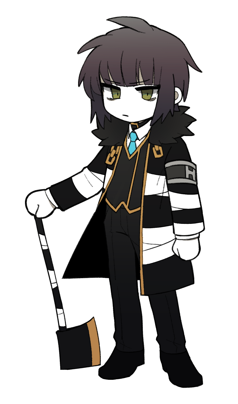 1boy armband axe black_footwear black_hair black_pants black_vest blue_necktie brown_hair chain chinese_commentary closed_mouth coat collared_shirt colored_skin commentary_request e.g.o_(project_moon) employee_(lobotomy_corporation) fur-trimmed_coat fur_trim gold_chain green_eyes highres holding holding_axe lobotomy_corporation male_focus necktie no_nose open_clothes open_coat pants project_moon shirt short_hair simple_background smoke_(killscreen_s) solo vest white_background white_shirt white_skin
