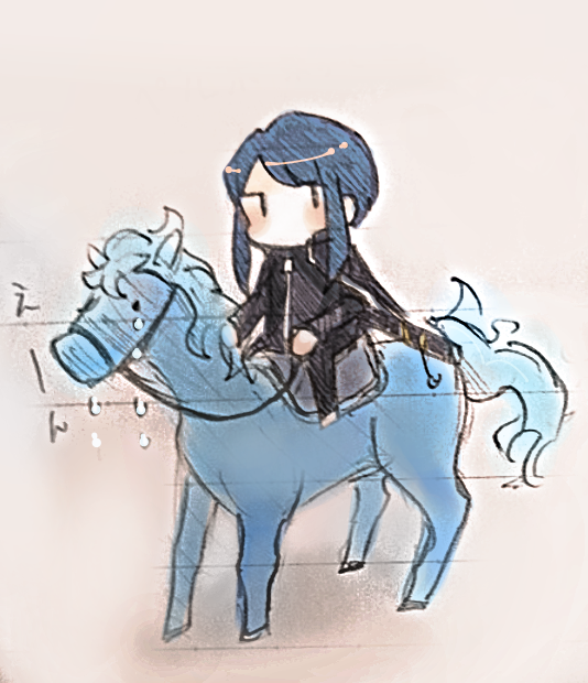 1other animal black_coat black_eyes black_pants blue_hair blue_skin bridle coat colored_skin crying horse horseback_riding library_of_ruina lobotomy_corporation looking_to_the_side pale_skin pants porccu_200g project_moon riding sheath sidelocks simple_background sketch the_bookhunter white_background