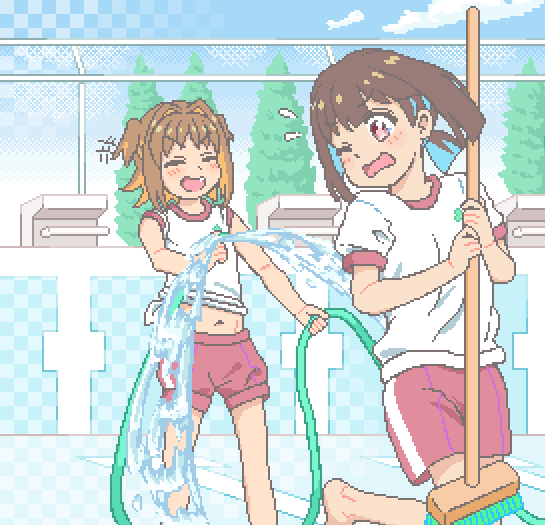 +++ 2girls :d ;o bare_legs barefoot blue_hair blue_sky blunt_bangs blunt_ends brown_hair cleaning_brush closed_eyes colored_inner_hair commentary day fang flying_sweatdrops gym_shirt gym_shorts hair_intakes hose hozuki_momiji kofumi_all midriff multicolored_hair multiple_girls navel oka_asahi one_eye_closed onii-chan_wa_oshimai! open_mouth orange_hair pixel_art pool red_eyes red_shorts shirt short_hair short_sleeves shorts sky smile splashing tied_shirt two-tone_hair v-shaped_eyebrows water white_shirt wince