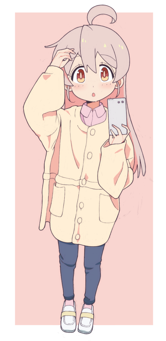 1girl :o ahoge blue_pants brown_eyes cellphone coat collared_shirt commentary_request full_body genderswap genderswap_(mtf) grey_hair hand_in_own_hair holding holding_phone kayabakoro loafers long_hair long_sleeves looking_at_viewer no_socks onii-chan_wa_oshimai! open_mouth outside_border oyama_mahiro pants phone pink_background pink_shirt shirt shoes smartphone solo standing white_coat white_footwear