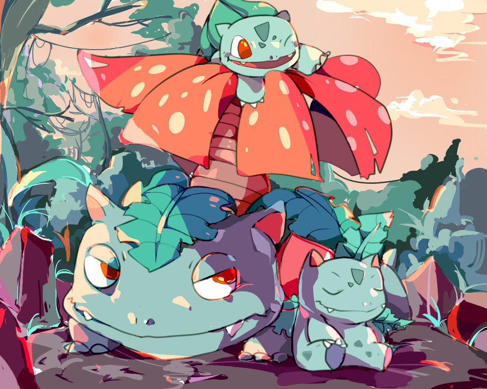 bulbasaur claws closed_eyes closed_mouth clouds colored_skin evolutionary_line fangs half-closed_eyes ivysaur kohakumaru leaf limited_palette nostrils one_eye_closed open_mouth pink_skin plant pokemon pokemon_(creature) red_eyes sitting tree venusaur vines