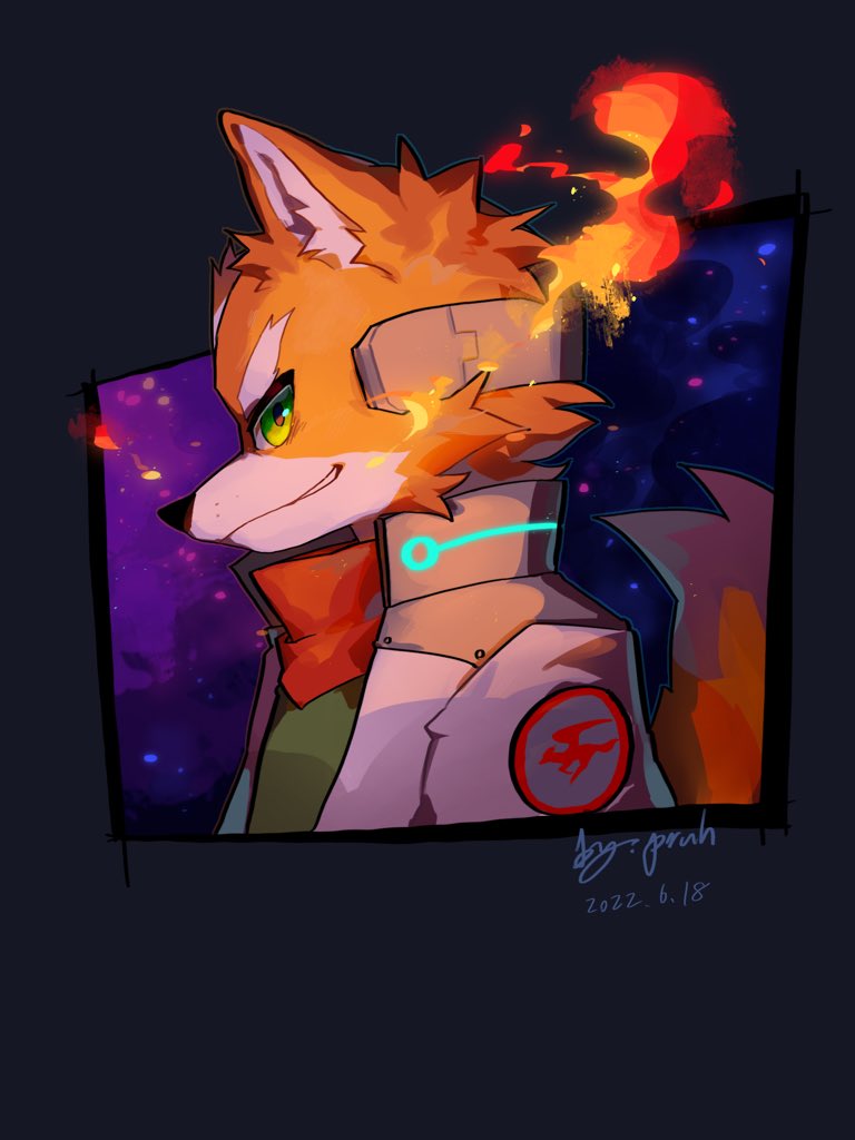 1boy animal_ears animal_nose body_fur chinese_commentary commentary_request dated fire fox_boy fox_ears fox_mccloud fox_tail from_side furry furry_male green_eyes jacket male_focus orange_fur pruh signature simple_background smile solo star_fox tail upper_body