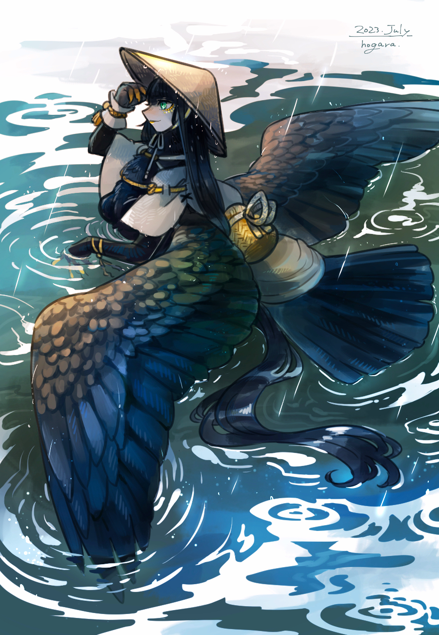 1girl adjusting_clothes adjusting_headwear animal_hands artist_name black_feathers black_wings claws commentary_request dated feathers green_eyes harpy hat highres hogara long_hair monster_girl original partially_submerged rain rice_hat solo tail_feathers very_long_hair water wings yellow_lips