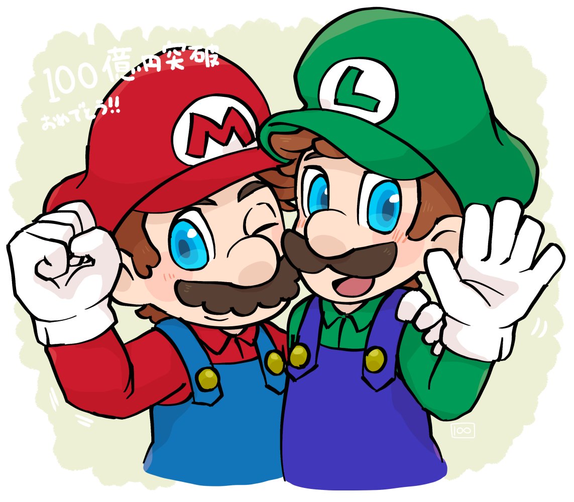 2boys blue_eyes blue_overalls brothers facial_hair gloves green_headwear hat looking_at_viewer luigi mario multiple_boys mustache open_mouth overalls red_headwear siblings smile super_mario_bros. white_gloves