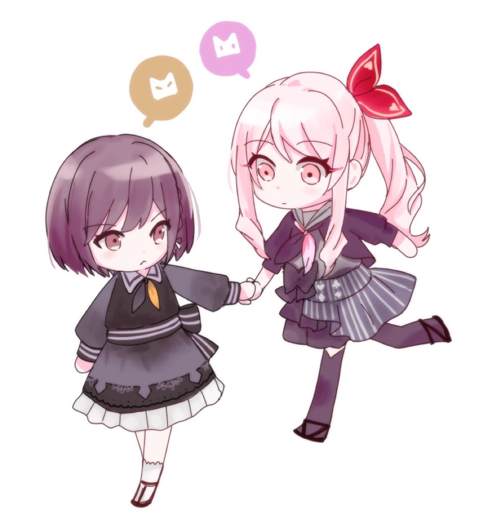 1girl 1other akiyama_mizuki arm_at_side bailb10 black_footwear bob_cut brown_eyes brown_hair chinese_commentary closed_mouth commentary_request full_body heart holding_hands long_hair long_sleeves looking_at_another pink_eyes pink_hair project_sekai school_uniform serafuku shinonome_ena short_hair side_ponytail socks two-tone_neckerchief white_background white_socks