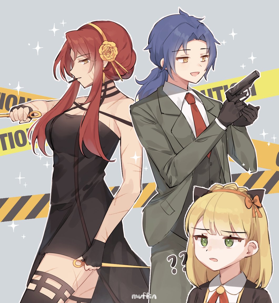 1boy 2girls anya_(spy_x_family) anya_(spy_x_family)_(cosplay) black_dress black_gloves black_vest blonde_hair blue_hair bun_cover chesed_(project_moon) cigarette cosplay dress flower gebura_(project_moon) gloves green_eyes grey_jacket grey_pants hair_flower hair_ornament hairband jacket library_of_ruina long_hair love_mintchoco low_ponytail multiple_girls necktie open_mouth pants parted_lips project_moon red_necktie redhead scar sidelocks smile spy_x_family tiphereth_a_(project_moon) twilight_(spy_x_family) twilight_(spy_x_family)_(cosplay) vest yellow_flower yellow_hairband yor_briar yor_briar_(cosplay)