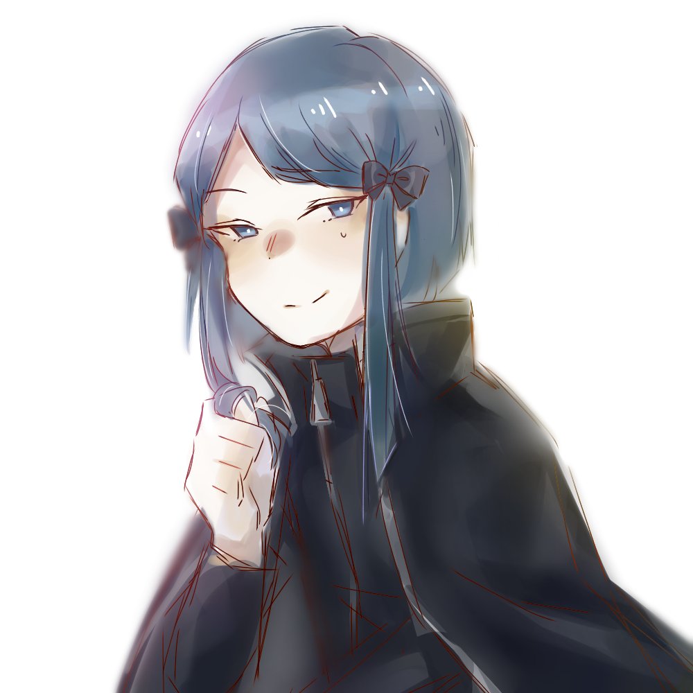 1other black_bow black_coat blue_eyes blue_hair bow coat hair_ornament hair_twirling library_of_ruina lobotomy_corporation looking_at_viewer medium_hair pale_skin porccu_200g project_moon sidelocks simple_background smile sweatdrop the_bookhunter white_background zipper