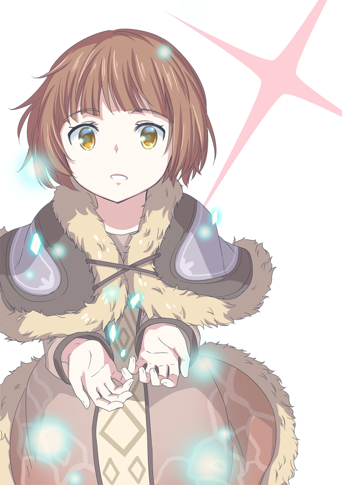 1girl :o brown_coat brown_eyes brown_hair character_request coat fur_coat glowing long_sleeves looking_at_viewer mizuki_riko open_mouth short_hair solo white_background xenoblade_chronicles_(series) xenoblade_chronicles_2 xenoblade_chronicles_2:_torna_-_the_golden_country