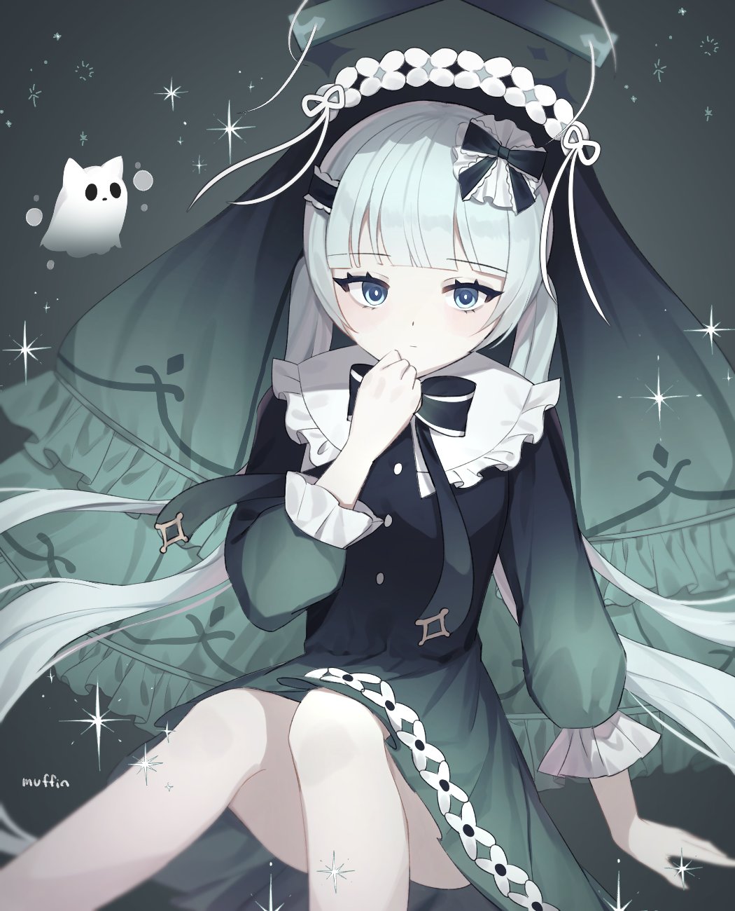 1girl black_bow black_bowtie black_dress black_veil bow bowtie dress frilled_sleeves frilled_veil frills ghost gothic_lolita hair_bow highres lala_(tales_runner) lolita_fashion long_hair long_sleeves looking_at_viewer love_mintchoco night night_sky puffy_long_sleeves puffy_sleeves puppet_strings sitting sky solo star_(sky) tales_runner twintails veil very_long_hair white_hair