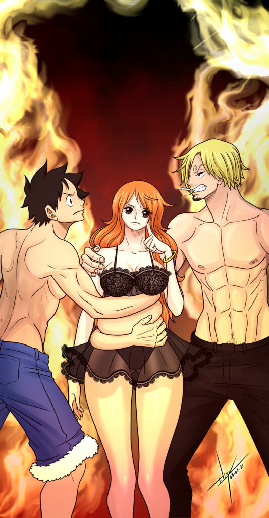 1girl 2boys abs asymmetrical_bangs black_eyes black_hair black_pants blonde_hair bracelet cigarette closed_mouth curly_eyebrows elasticity elizagm facial_hair fire from_side goatee jealous jewelry long_hair looking_at_another looking_at_viewer midriff monkey_d._luffy multiple_boys nami_(one_piece) one_piece orange_hair pants parted_bangs sanji_(one_piece) short_hair signature teeth topless topless_male