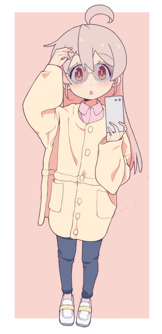 1girl :o ahoge blue_pants brown_eyes cellphone coat collared_shirt commentary_request full_body genderswap genderswap_(mtf) grey-framed_eyewear grey_hair hand_in_own_hair holding holding_phone kayabakoro loafers long_hair long_sleeves looking_at_viewer no_socks onii-chan_wa_oshimai! open_mouth outside_border oyama_mahiro pants phone pink_background pink_shirt shirt shoes smartphone solo standing sunglasses white_coat white_footwear