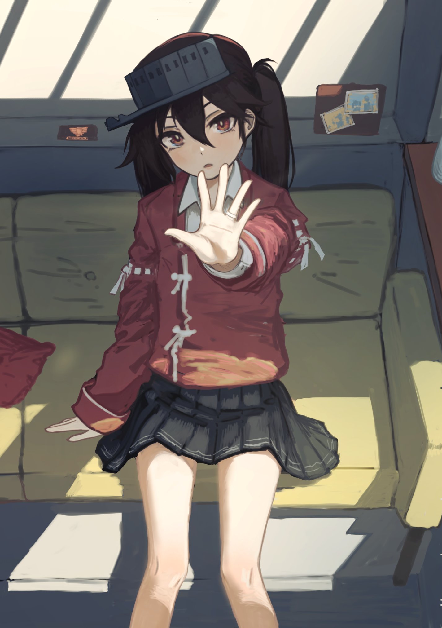 1girl black_skirt brown_eyes brown_hair collared_shirt feet_out_of_frame hair_between_eyes highres japanese_clothes kantai_collection kariginu long_hair long_sleeves looking_at_viewer nito_(nshtntr) open_mouth pleated_skirt ryuujou_(kancolle) shirt sitting skirt solo twintails visor_cap white_shirt