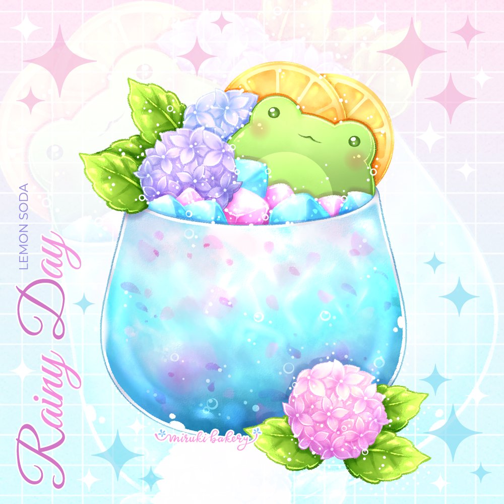 artist_name chocomiruki english_text flower food frog fruit glass hydrangea ice ice_cube leaf lemon lemon_slice no_humans original purple_flower soda sparkle