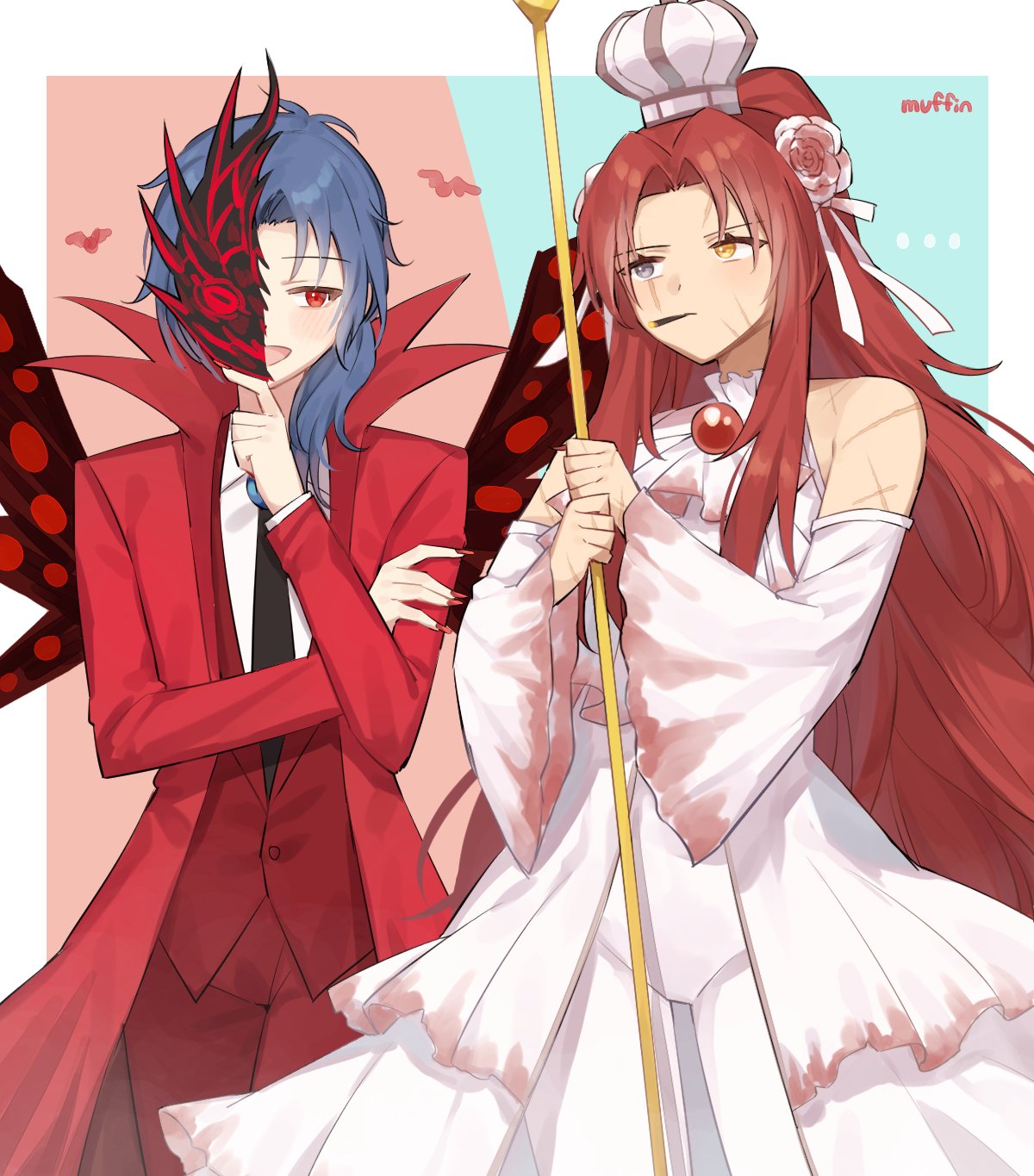 1boy 1girl ascot bare_shoulders blue_hair brooch chesed_(project_moon) cigarette coat collared_shirt crown dress e.g.o_(project_moon) fingernails flower gebura_(project_moon) gem hair_flower hair_ornament hair_ribbon heterochromia high_ponytail highres holding holding_staff jewelry library_of_ruina long_hair long_sleeves love_mintchoco low_ponytail open_mouth pants parted_bangs project_moon red_coat red_eyes red_gemstone red_pants red_vest redhead ribbon sharp_fingernails shirt sidelocks smile staff very_long_hair vest white_ascot white_dress white_flower white_ribbon white_shirt wide_sleeves