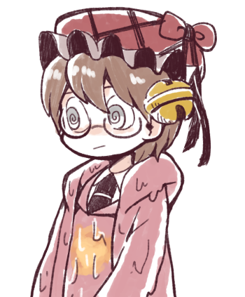 1boy :/ @_@ black_necktie brown_hair collared_shirt commentary_request core e.g.o_(project_moon) employee_(lobotomy_corporation) frilled_hat frills glasses grey_eyes hat hat_bell hat_ribbon hatake_shimeji hood hood_down hooded_jacket jacket lobotomy_corporation long_sleeves lowres male_focus necktie open_clothes open_jacket pink_jacket pink_vest project_moon red_ribbon ribbon shirt short_hair simple_background slime_(substance) solo upper_body vest white_background white_shirt