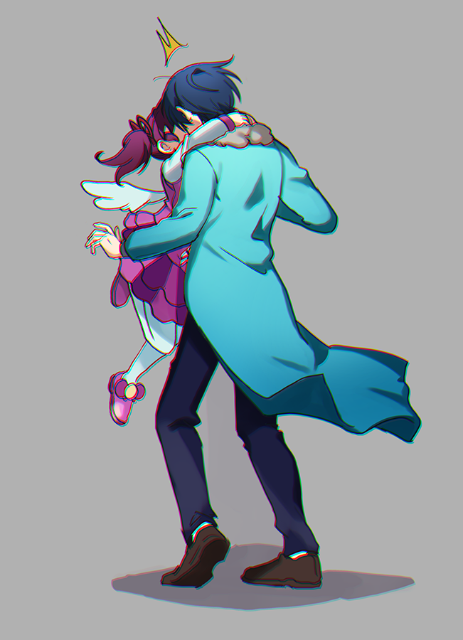 1boy 1girl ^^^ blue_coat blue_hair blue_pants bow brown_footwear chromatic_aberration coat commentary_request e.g.o_(project_moon) employee_(lobotomy_corporation) footwear_bow grey_background height_difference kiss lobotomy_corporation long_sleeves medu_(rubish) pants pantyhose pink_bow pink_footwear pink_skirt pink_vest project_moon purple_hair shirt short_hair short_twintails simple_background skirt twintails vest white_pantyhose white_shirt