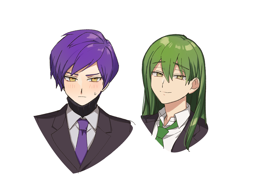 2boys black_sweater closed_mouth collared_shirt commentary_request eyebrow_cut green_eyes green_necktie grey_jacket hair_between_eyes jacket lobotomy_corporation long_hair male_focus medu_(rubish) multiple_boys necktie netzach_(project_moon) project_moon purple_hair purple_necktie ribbed_sweater shirt short_hair simple_background smile sweat sweater turtleneck turtleneck_sweater white_background white_shirt yellow_eyes yesod_(project_moon)