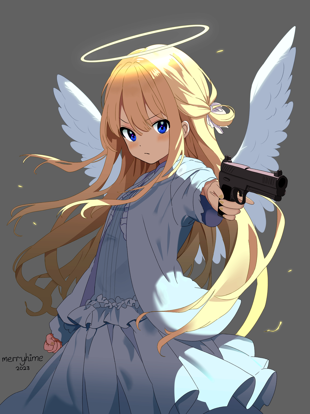 2023 angel blonde_hair blue_dress blush clenched_hand closed_mouth cowboy_shot dress frills frown grey_background gun halo handgun high_contrast highres holding holding_gun holding_weapon long_hair long_sleeves looking_at_viewer merryhime original sig_sauer_p320 signature trigger_discipline weapon white_wings wind wings yellow_halo