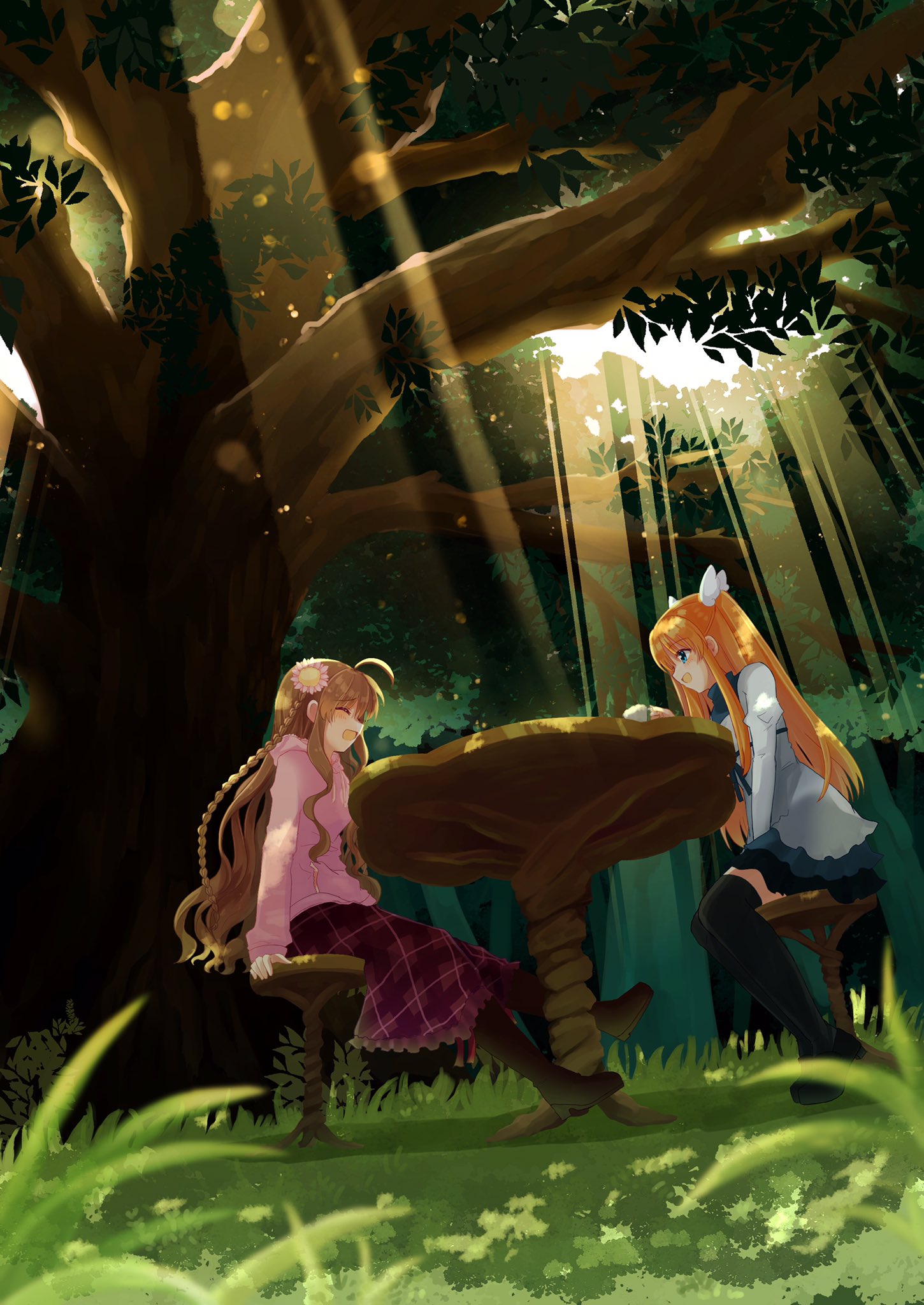 2girls :d ^_^ ahoge arm_support between_legs black_footwear black_thighhighs blue_eyes blush boots braid brown_footwear brown_hair canaca_chiyuri casual closed_eyes commentary_request cup dappled_sunlight day dress flower forest from_side grass hair_flower hair_ornament hand_between_legs highres holding holding_cup hood hood_down hoodie juliet_sleeves kanbe_kotori knee_boots leaf light_rays long_hair long_skirt long_sleeves looking_at_another mary_janes multiple_girls nature official_alternate_costume ootori_chihaya open_mouth orange_hair outdoors petticoat pink_flower pink_hoodie plaid plaid_skirt profile puffy_sleeves purple_skirt rewrite shoes sidelocks sitting skirt smile straight_hair sunlight swinging_legs table talking teacup thigh-highs tree twin_braids two_side_up very_long_hair wavy_hair white_dress wide_shot wing_hair_ornament zettai_ryouiki