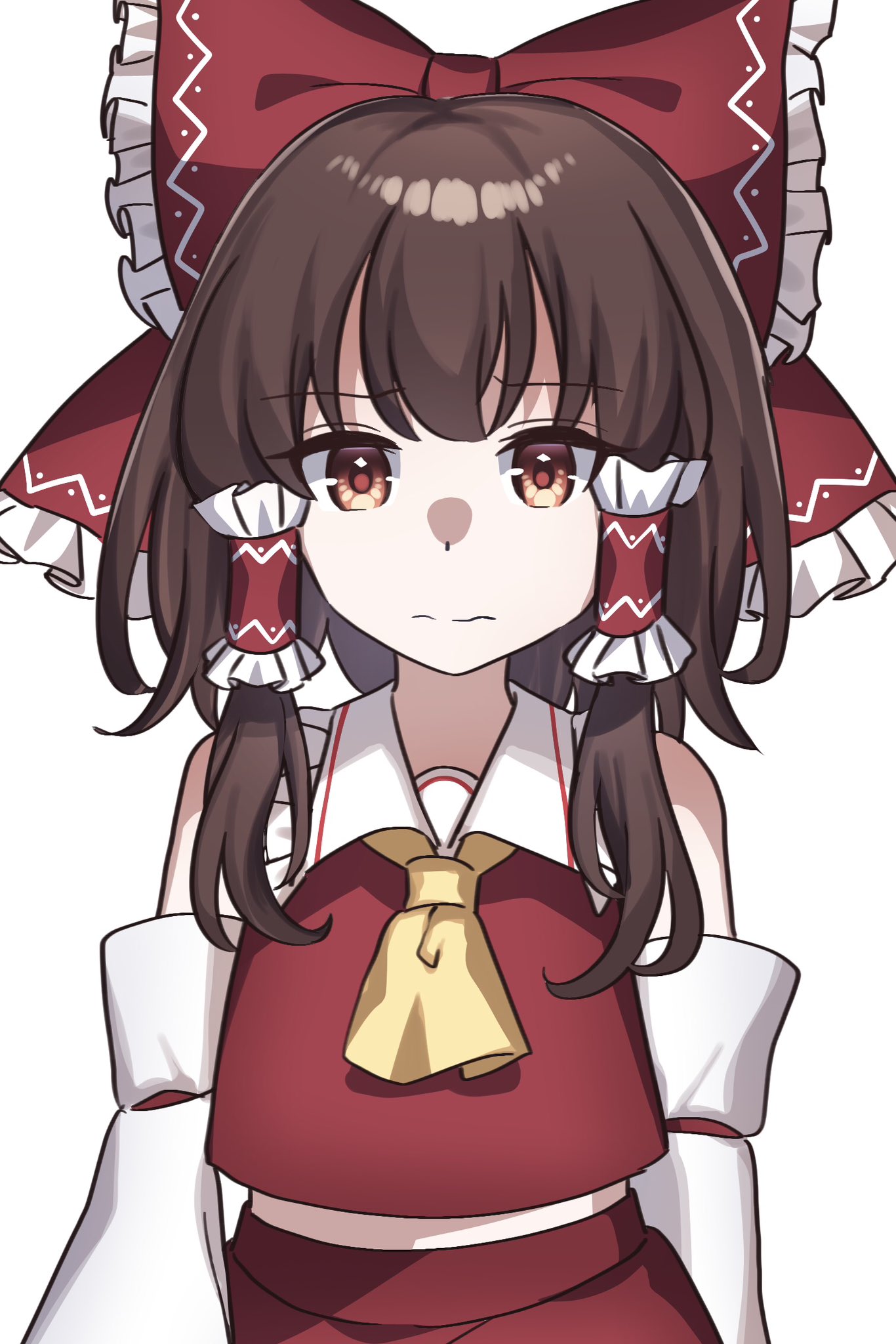 1girl ametama_(runarunaruta5656) ascot bare_shoulders bow brown_eyes brown_hair closed_mouth detached_sleeves hair_bow hair_tubes hakurei_reimu highres japanese_clothes long_hair nontraditional_miko red_bow sidelocks simple_background solo touhou upper_body white_background white_sleeves wide_sleeves yellow_ascot