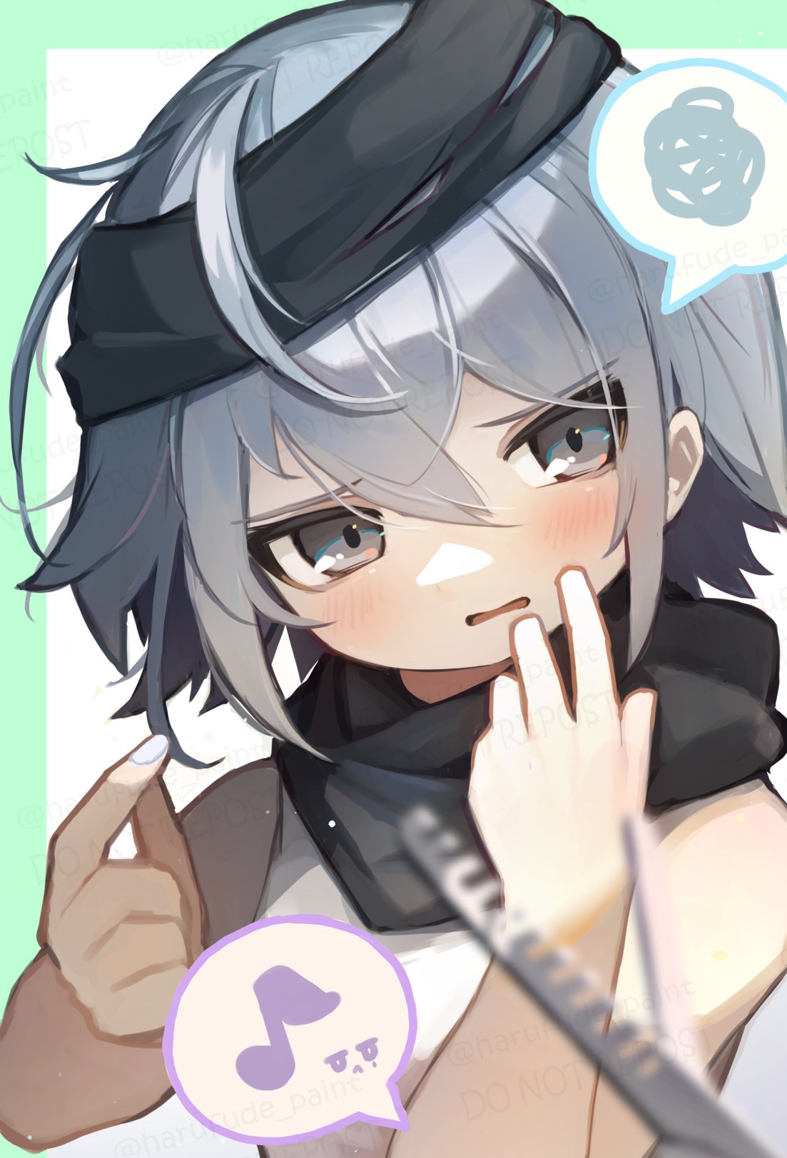 1girl bare_arms bare_shoulders blurry blurry_foreground commentary_request depth_of_field eighth_note g11_(girls'_frontline) girls_frontline green_background grey_eyes grey_hair hands_up highres long_hair looking_at_viewer musical_note nail_polish parted_lips scissors shirt sleeveless sleeveless_shirt solo spoken_expression spoken_musical_note spoken_squiggle squiggle suginakara_(user_ehfp8355) two-tone_background upper_body wavy_mouth white_background white_nails white_shirt
