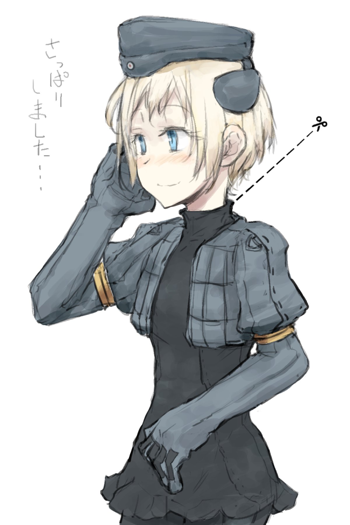 1girl alternate_hair_length alternate_hairstyle black_dress black_headwear black_wetsuit blonde_hair blue_eyes commentary cowboy_shot cropped_jacket dress garrison_cap gloves grey_gloves grey_jacket hat highres jacket kantai_collection looking_to_the_side short_hair simple_background solo suzumura_kirie translation_request u-511_(kancolle) white_background