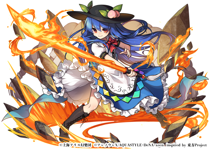 1girl black_footwear black_headwear blue_hair blue_skirt boots bow bowtie closed_mouth commentary_request copyright_name cross-laced_clothes food frilled_skirt frills fruit full_body game_cg hinanawi_tenshi holding holding_sword holding_weapon kozakura_(dictionary) leaf long_hair looking_at_viewer peach rainbow_order red_bow red_bowtie red_eyes rock short_sleeves simple_background skirt smile solo sword sword_of_hisou touhou touhou_danmaku_kagura weapon white_background