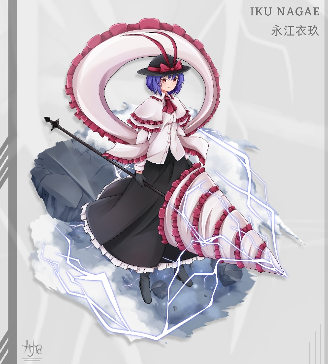 1girl ascot black_footwear black_headwear black_skirt bow capelet character_name closed_mouth commentary drill english_commentary frilled_shawl frilled_skirt frills full_body grey_background hat hat_bow hatoman_(ytef4434) lightning looking_at_viewer nagae_iku purple_hair red_ascot red_bow red_eyes shawl shirt short_sleeves skirt solo touhou variant_set white_capelet white_shirt