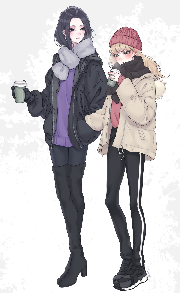 2girls beanie black_eyes black_footwear black_gloves black_hair black_jacket black_pants black_pantyhose black_scarf blonde_hair blush boots brown_coat brown_eyes coat commentary_request cup earrings full_body gloves grey_scarf hand_in_another's_pocket hand_in_pocket hat high_heels highres holding holding_cup jacket jewelry kanno_fumi_(kannno23) lips long_hair long_sleeves looking_at_another multiple_girls open_clothes open_jacket open_mouth original pants pantyhose partial_commentary pink_headwear pink_sweater puffy_sleeves purple_sweater ring scarf sidelocks sweater thigh_boots twitter_username winter_clothes yuri