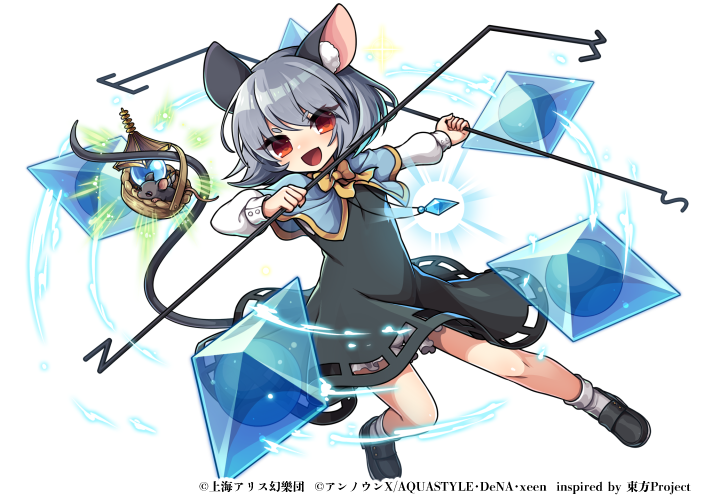 1girl :d animal_ears basket bishamonten's_pagoda black_footwear blue_capelet capelet commentary_request copyright_name crystal dowsing_rod dress full_body game_cg grey_dress jewelry kozakura_(dictionary) looking_at_viewer mouse_ears mouse_girl mouse_tail nazrin open_mouth pendant red_eyes simple_background smile socks solo tail touhou touhou_danmaku_kagura white_background white_socks