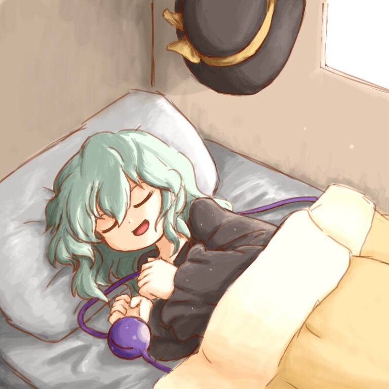 1girl :d aqua_hair bed bed_sheet black_headwear black_shirt blanket bow closed_eyes day eyeball frilled_sleeves frills hat hat_bow hat_removed hat_ribbon headwear_removed heripantomorrow indoors komeiji_koishi long_sleeves lying medium_hair on_bed on_side open_mouth pillow ribbon shirt sleeping smile solo third_eye touhou under_covers upper_body wavy_hair wide_sleeves window yellow_bow yellow_ribbon