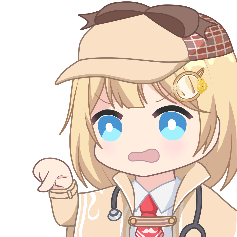 1girl blonde_hair blue_eyes bow bright_pupils brown_headwear chibi coat collared_shirt deerstalker hair_ornament hat hat_bow hololive hololive_english monocle_hair_ornament multicolored_clothes multicolored_headwear necktie open_mouth pointing red_necktie shirt short_hair short_necktie solo stethoscope upper_body virtual_youtuber watson_amelia watson_amelia_(1st_costume) white_pupils white_shirt yellow_coat zephylyne