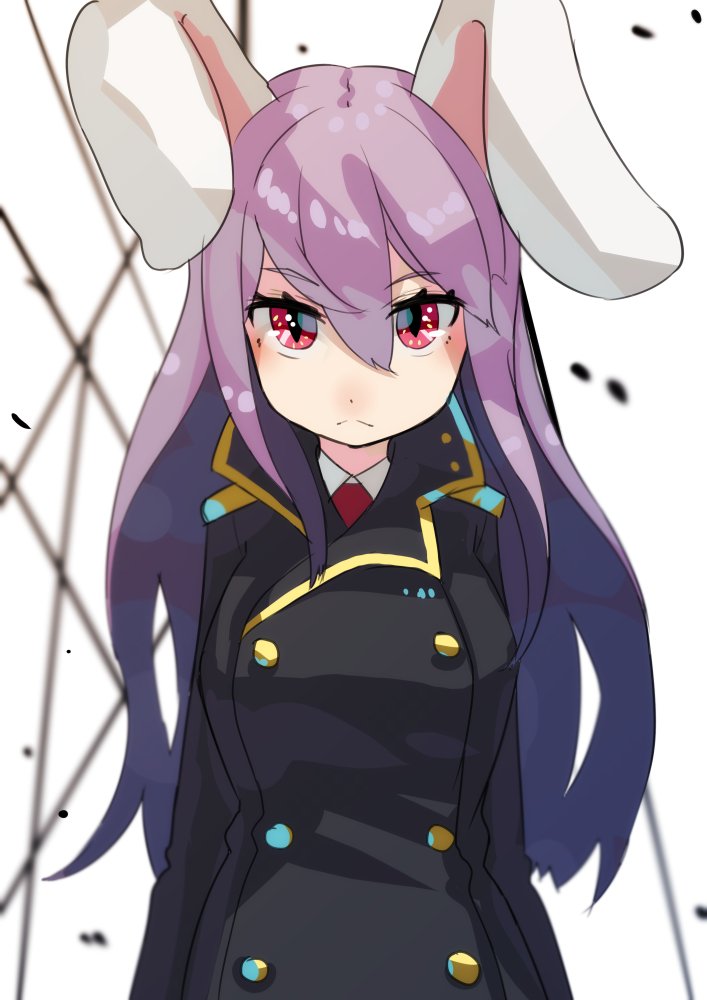 1girl :&lt; adapted_costume animal_ears black_jacket hair_between_eyes hashiro jacket long_hair long_sleeves looking_at_viewer necktie one-hour_drawing_challenge purple_hair rabbit_ears red_eyes red_necktie reisen_udongein_inaba shirt solo touhou upper_body white_background white_shirt