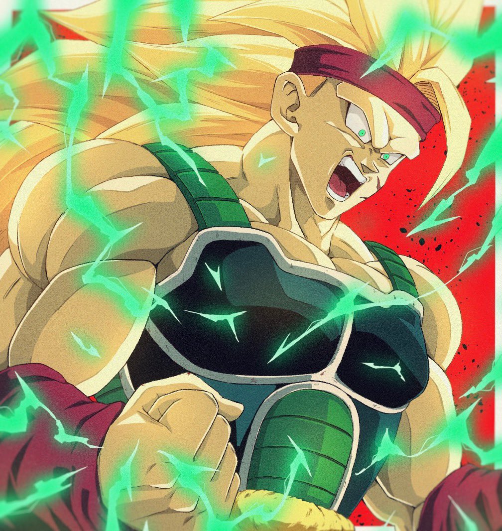 1boy angry armor bardock bare_shoulders biceps blonde_hair bure_(fantasticyouth7) clenched_hand commentary_request dragon_ball dragon_ball_z electricity energy green_eyes hands_up headband long_hair male_focus muscular muscular_male no_eyebrows open_mouth pectorals red_background red_headband red_wristband round_teeth saiyan_armor scar scar_on_cheek scar_on_face simple_background solo spiky_hair super_saiyan super_saiyan_3 teeth tongue upper_body v-shaped_eyebrows wristband