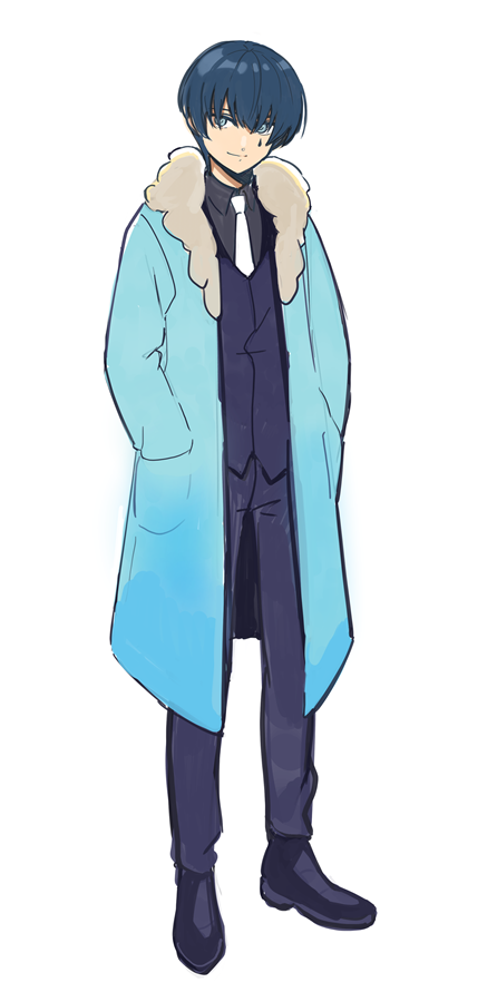1boy black_shirt blue_coat blue_eyes blue_hair blue_pants blue_vest closed_mouth coat collared_shirt commentary_request dark_blue_hair e.g.o_(project_moon) employee_(lobotomy_corporation) full_body fur-trimmed_coat fur_trim hands_in_pockets lobotomy_corporation long_sleeves male_focus medu_(rubish) necktie open_clothes open_coat pants project_moon shirt short_hair simple_background smile solo teardrop_facial_mark vest white_background white_necktie