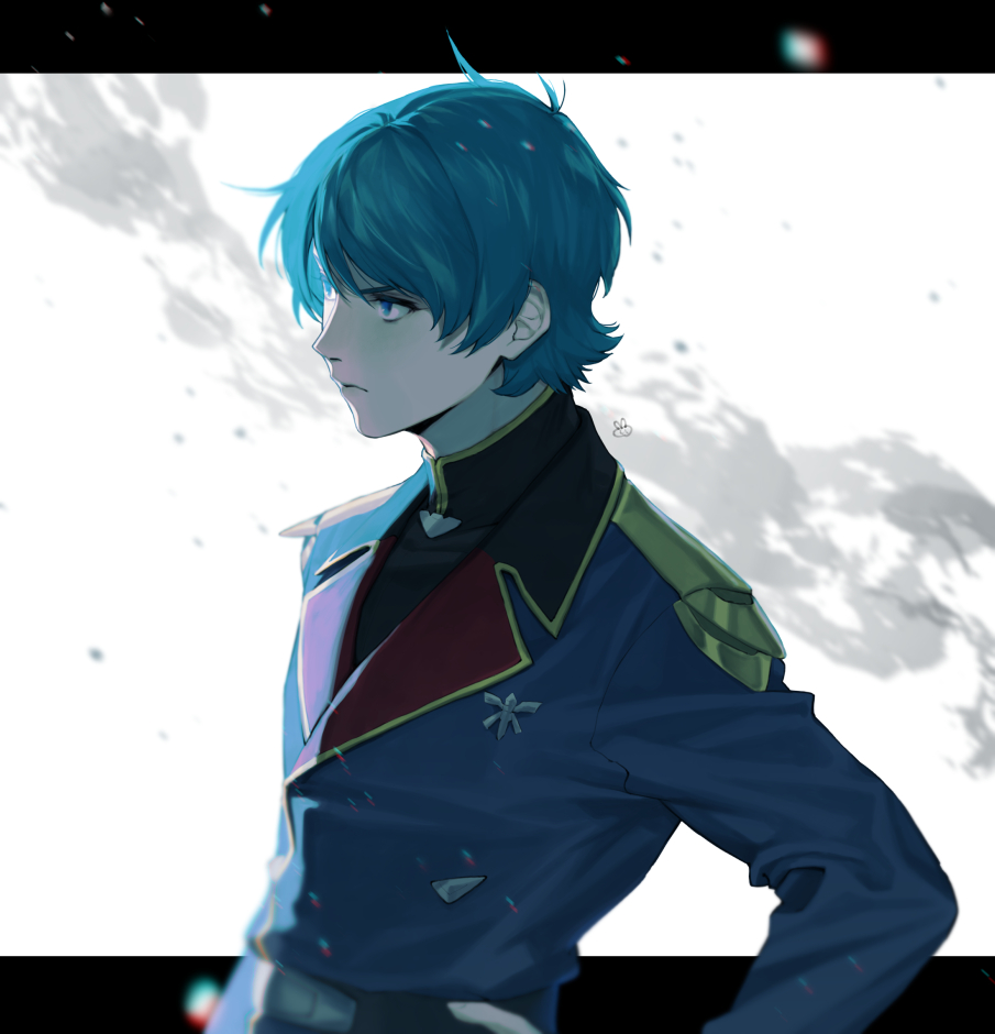 1boy alternate_universe artist_name belt black_shirt blue_eyes blue_hair blue_jacket blurry char's_counterattack commentary gundam hand_on_own_hip high_collar jacket kamille_bidan letterboxed long_sleeves looking_afar male_focus military_uniform neo_zeon outside_border serious shirt short_hair signature simple_background solo uniform upper_body ususio_11 v-shaped_eyebrows white_background