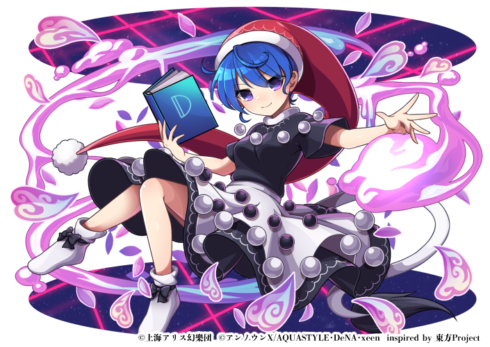 1girl black_bow black_dress blue_hair book bow closed_mouth commentary_request copyright_name doremy_sweet dream_soul dress footwear_bow full_body game_cg hat holding holding_book kozakura_(dictionary) looking_at_viewer nightcap pom_pom_(clothes) red_headwear smile solo touhou touhou_danmaku_kagura two-tone_dress violet_eyes white_background white_dress white_footwear