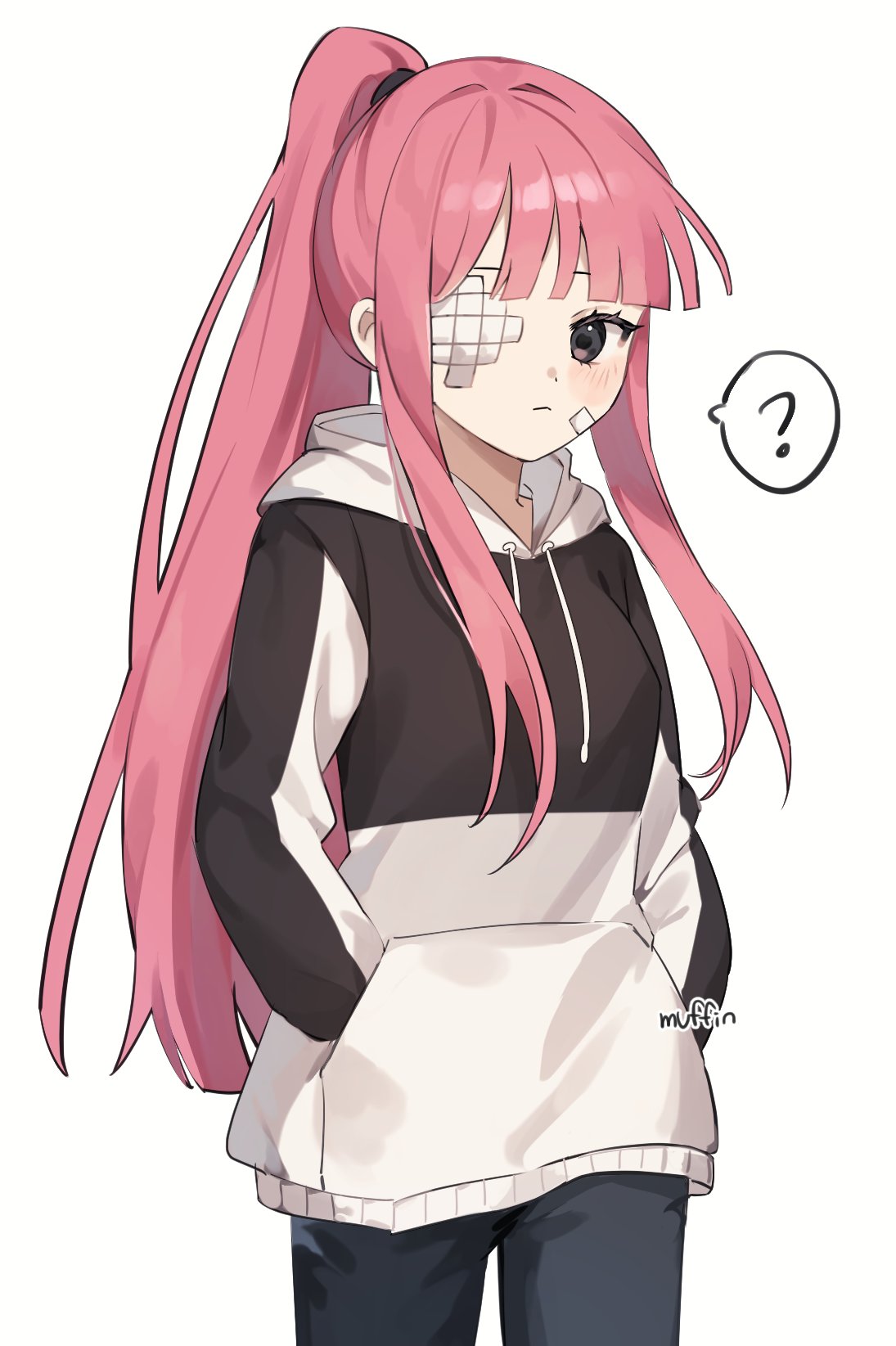 1girl ? alternate_costume bandaid bandaid_on_face black_eyes black_hoodie blue_pants blush closed_mouth cowboy_shot drawstring gauze gauze_over_eye hands_in_pockets high_ponytail highres hood hood_down hoodie limbus_company long_hair love_mintchoco pants pink_hair project_moon sidelocks simple_background solo speech_bubble very_long_hair white_background yuri_(limbus_company)