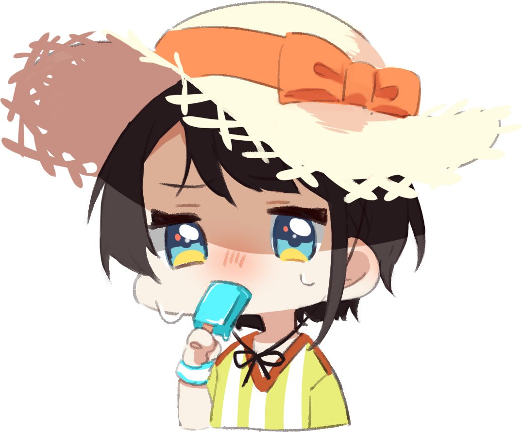 1girl black_hair blue_eyes blush chibi commentary_request cropped_torso eating food food_in_mouth hat hololive looking_at_viewer mashiro_io nose_blush oozora_subaru oozora_subaru_(1st_costume) popsicle short_hair simple_background solo straw_hat sweat virtual_youtuber white_background wristband
