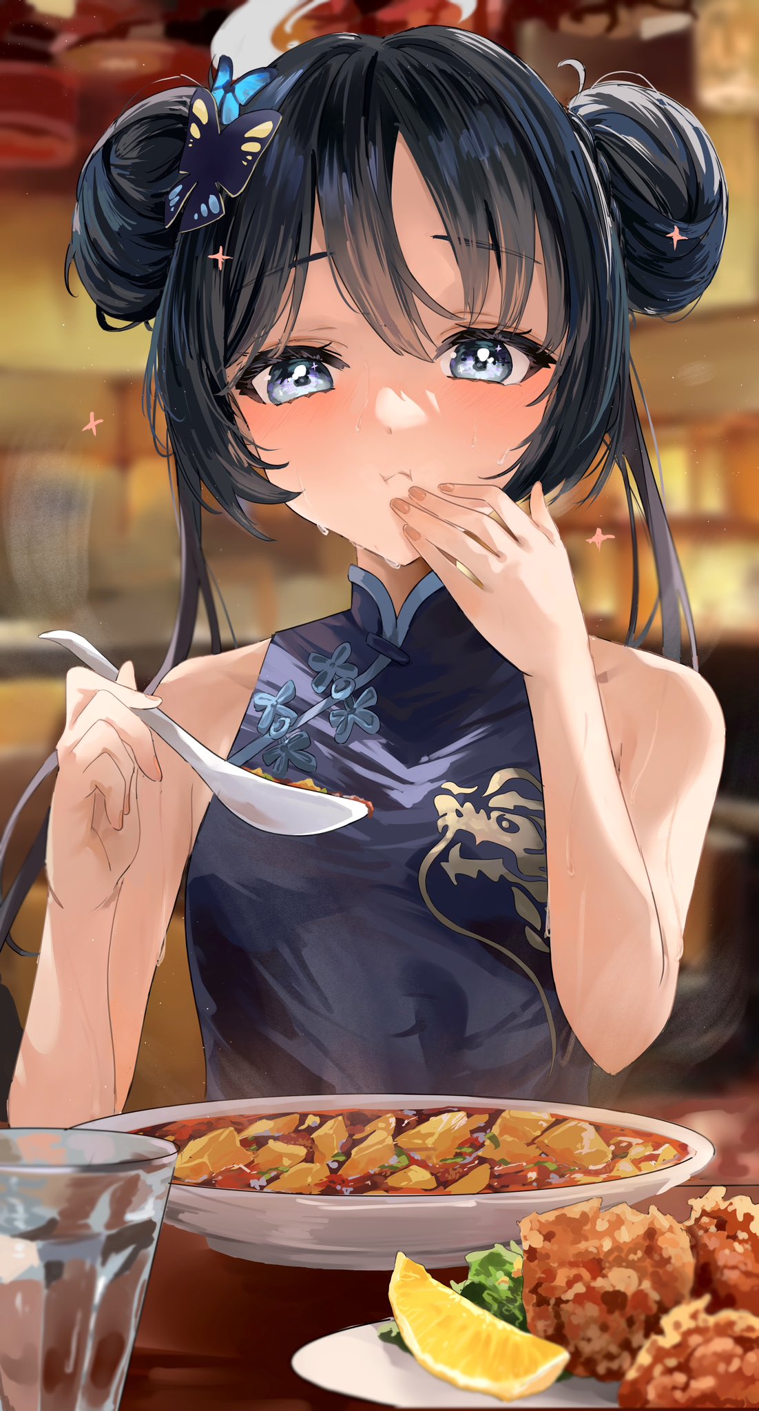 black_dress black_hair blue_archive butterfly_hair_ornament china_dress chinese_clothes chinese_spoon content_rating double_bun dragon_print dress eating food fruit hair_bun hair_ornament highres holding holding_spoon kisaki_(blue_archive) lemon lemon_slice mapo_tofu restaurant sleeveless sleeveless_dress spoon sushi_maruu tempura twintails upper_body